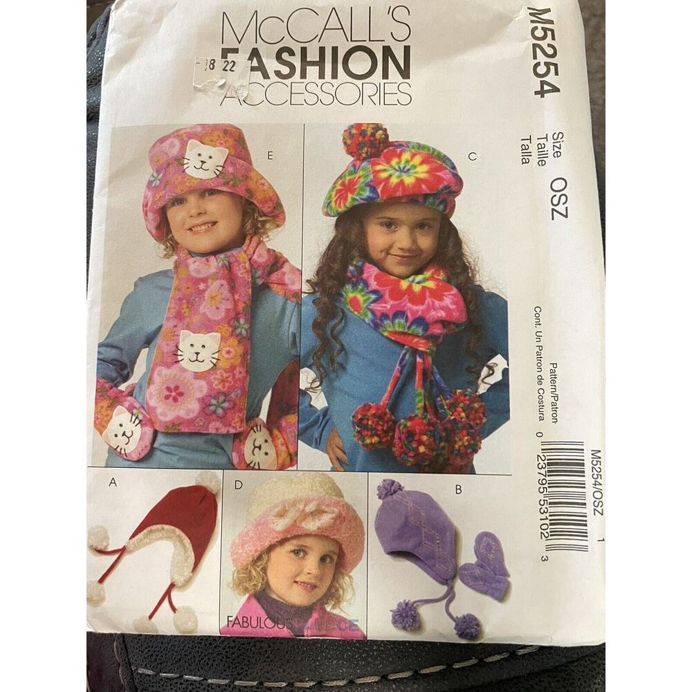 NEW/UNCUT M5254 McCall's Fashion Pattern Children Hats, Mittens, Scarves (OSZ)